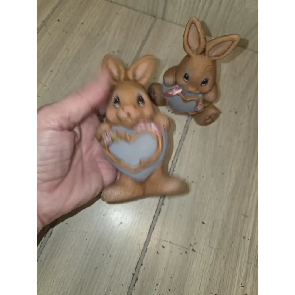 Vtg Brown Easter Bunnies Holding Pink Hearts Bows Cottagecore Heritage Kitsch